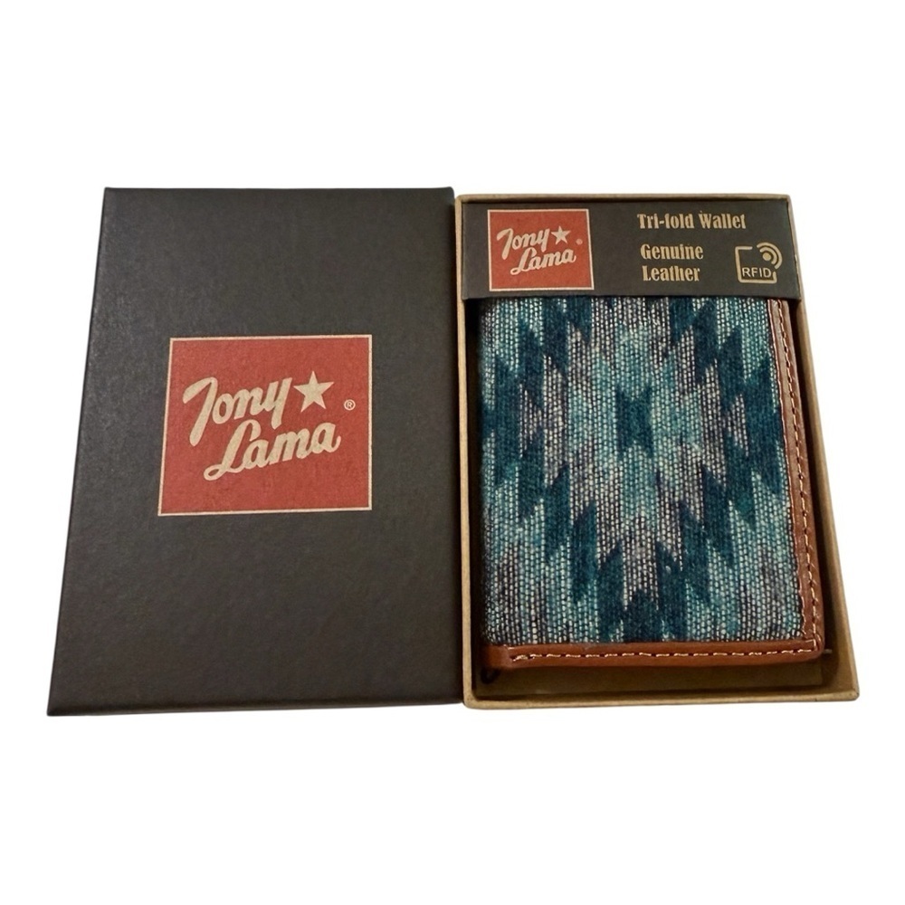 Tony Lama RFID Trifold Wallet – Genuine Leather & Fabric Front – New in Box